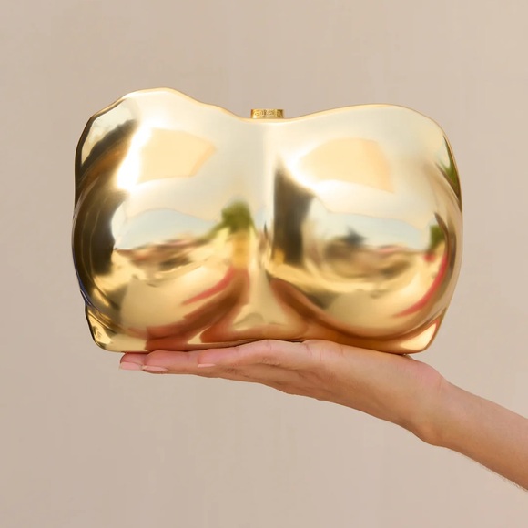 New in Box Cult Gaia Reina gold bust clutch in brushed brass